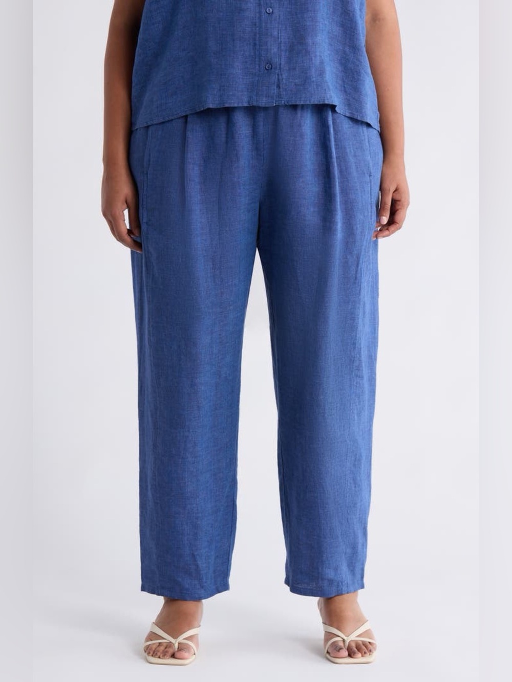 Eileen Fisher 100% Organic Linen Lantern Elastic Waist Blue Pants Size XL *600